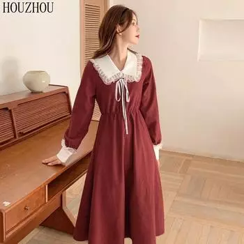 Платье с кукольным воротником, женское кавайное красное платье миди большого размера с длинным рукавом, винтажное французское элегантное шикарное зимнее платье S красный