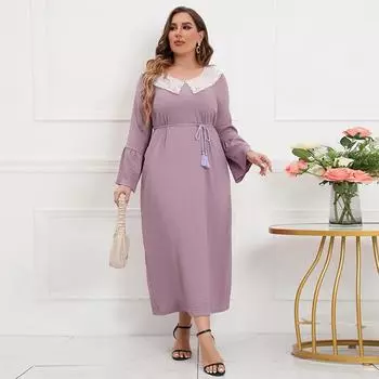 Платье с кукольным вырезом, платье с длинным рукавом и высокой талией для женщин, однотонное платье, платье больших размеров, офисные платья макси, элегантное платье, платье большого размера, платье с завязками XL чёрный