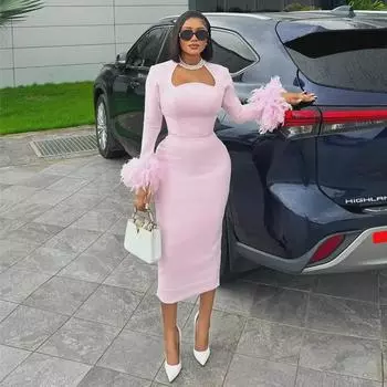 Платье с квадратным воротником и высокой талией для женщин, осень 2024 г. XL розовый