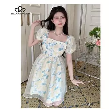 Платье с квадратным вырезом и рукавами-пузырьками и цветочным принтом, женское летнее новое короткое платье во французском стиле First Love, маленькое свежее сетчатое красное платье S