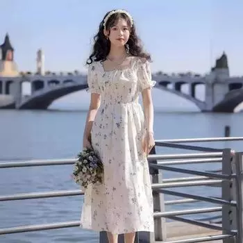 Платье с квадратным вырезом, маленькое платье со свежим цветочным принтом Mori 2024, платье с пузырьковыми рукавами и принтом First Love Fairy, платье с короткими рукавами, лето S бежевый