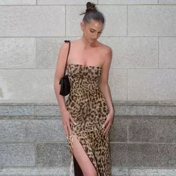 ПЛАТЬЕ С ЛЕОПАРДОВЫМ ПРИНТОМ В РЕТРО СТИЛЕ, ПРИТАЛЕННОЕ, А-СИЛУЭТА, ТОП-ТРУБА Leopard print S