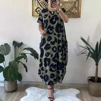 Платье с леопардовым принтом, карманом, повседневное, свободное, с короткими рукавами, платья 1XL зелёный