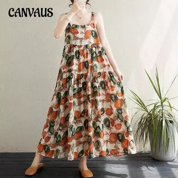 Платье с лямкой на бретельках больших размеров, праздничное хлопково-льняное платье с принтом, свободные женские платья с большим подолом One Size