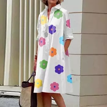 Платье с мультяшным цветочным принтом и лацканами, однобортное платье миди длиной до колена со свободными карманами 2XL