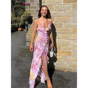 Платье с необычным принтом в виде цветка пушистика, женское, летнее, без бретелек, разрезы, нерегулярные кисточки, пэчворк, открытая спина, бандаж, вечеринка, облегающие платья S фиолетовый