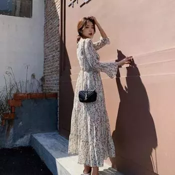 Платье с оборками и цветочным принтом, платье-рубашка с V-образным вырезом, платье из мягкого шифонового платья в стиле бохо для женщин L красный