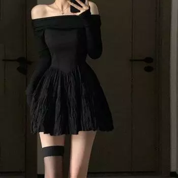 Платье с одной линией плеча и длинным рукавом, женское весеннее платье в стиле французской светской львицы, утягивающее талию, платье Peng S чёрный