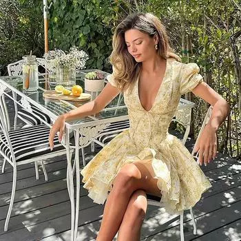 Платье с открытой спиной и рукавами-фонариками для праздников и повседневными платьями для женщин с оборками, элегантное сексуальное платье-футляр для мини-лето L жёлтый