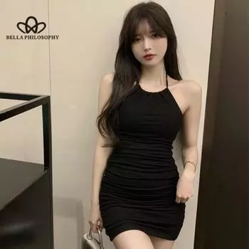 Платье с открытой спиной и висячим вырезом, женское платье без рукавов без бретелек с внутренней упаковкой, платье на бедрах, сексуальные маленькие подтяжки, плиссированные короткие платья S белый