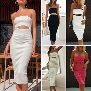 Платье с открытыми плечами Без рукавов-футляр Трикотажное эластичное противоскользящее зауженное бандо Полая длина до середины икры S чёрный