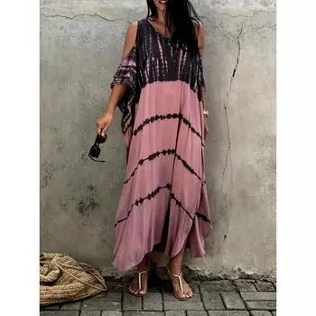 Платье с открытыми плечами и цветными блоками, повседневное свободное отпускное платье с круглым вырезом и половиной рукавов, женская одежда One-size чёрный