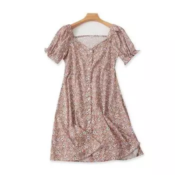 Платье с открытыми плечами, с цветочным принтом, летняя новинка, короткий рукав, юбка А-силуэта, легко сочетается, стройнит, средней длины, длинное, на пуговицах, кардиган, юбка Shallow coffee bottom flower S