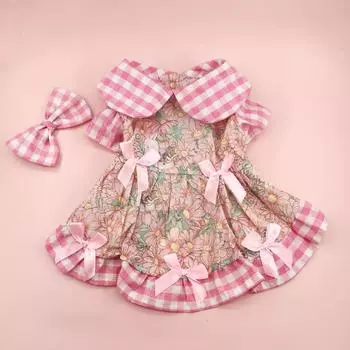 Платье с отворотом в клетку для питомцев, лоскутное платье для собак с цветочным принтом, повязка на голову с бантом, костюм кошки, плюшевый комплект, платья для собак маленьких собак, щенков XS