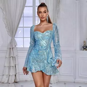 Платье с пайетками и длинными рукавами с рюшами, короткое платье в нежном стиле с вышивкой XS светло-синий