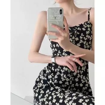 Платье с подтяжками и цветочным принтом, женское, новинка лета 2025 года, французский разрез, юбка с мелким принтом S