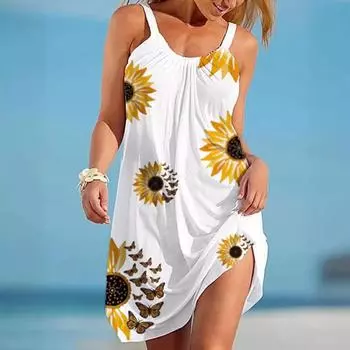 Платье с подтяжками и принтом «подсолнухи», свободное платье без рукавов для летнего отдыха, женская одежда S жёлтый