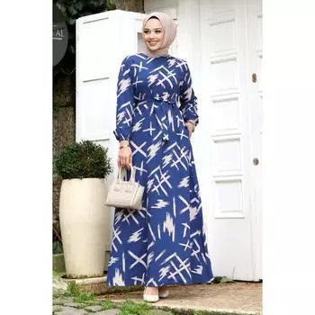 Платье с поясом и принтом кистью Tsd240228 Индиго