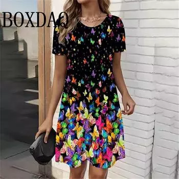 Платье с принтом 3D-бабочки для лета, женское вечернее платье с круглым вырезом и коротким рукавом, сарафан, повседневные элегантные женские свободные мини-платья 2025 S