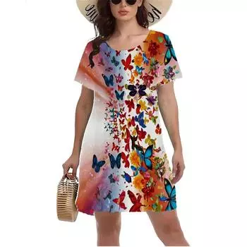 Платье с принтом 3D красочных бабочек, летнее, с коротким рукавом, О-образным вырезом, повседневные платья А-силуэта, модное женское пляжное платье для отдыха, Vestidos S