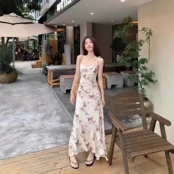 Платье с принтом бабочки, темпераментное, на подтяжках, женское, летнее, с французским воротником-стойкой, тонкая, нерегулярная, длинная юбка для отдыха S