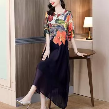 Платье с принтом для женщин, лето, новый стиль, благородная леди, мать, элитный стиль, большой размер, шелковая длинная юбка M чёрный