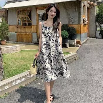 Платье с принтом для женщин. Платье на бретельках. Летнее длинное свободное платье с цветочным принтом. Пляжное платье без рукавов.