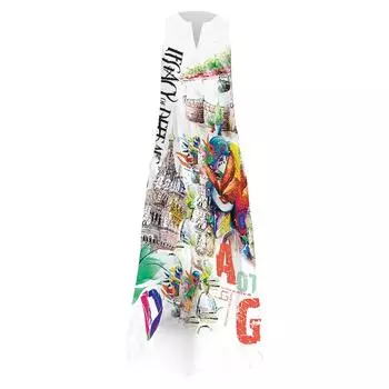 Платье с принтом и V-образным вырезом без рукавов L белый