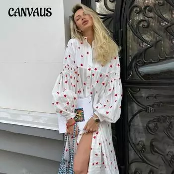 Платье с принтом «Любовь» Женское весенне-летнее платье с рукавами-фонариками из хлопка с большим подолом S белый