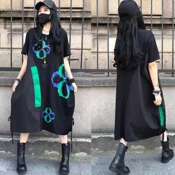 Платье с принтом, модное лоскутное маленькое свежее повседневное пуловер с веером богини, свободное летнее платье в повседневном стиле One Size чёрный