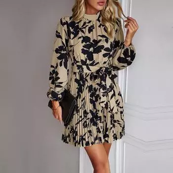 Платье с принтом, новинка 2023 года, осень-зима, отпуск, отдых, плиссированное короткое платье с длинными рукавами и круглым вырезом на шнуровке L чёрный