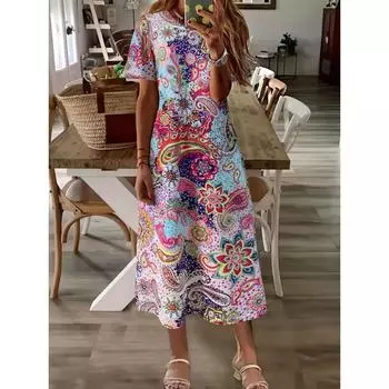 Платье с принтом пейсли, отпускное платье с короткими рукавами и круглым вырезом, женская одежда S