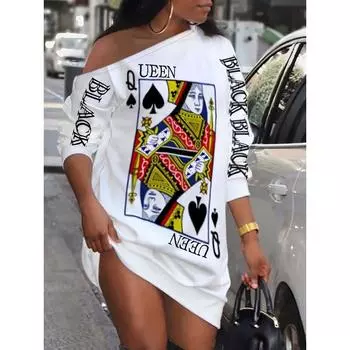 Платье с принтом Queen Poker и наклонными плечами, повседневное платье с длинными рукавами на осень и весну, женская одежда S белый