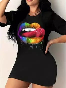Платье с принтом «Разноцветные губы» 3D, повседневное платье с коротким рукавом для лета и весны, женское платье, женская одежда больших размеров S