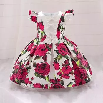 Платье с принтом роз и бантом для маленьких девочек, детские праздничные платья для первого дня рождения для девочек, одежда принцессы для выпускного вечера, детская одежда 70CM розы красного