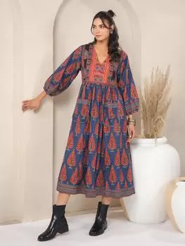 Платье с принтом ручной работы. Платье миди с цветочным принтом из хлопка. Платье в стиле бохо-шик в праздничном летнем стиле из индийского хлопка. Платье ручной работы в Индии. Платье в стиле джайпури с карманами. S синий/красный