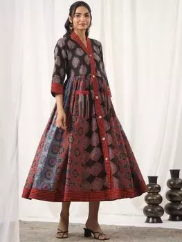 Платье с принтом ручной работы Праздничное длинное платье макси Хлопковое платье с цветочным принтом Рождественское красное платье | Длинное платье ручной работы в Индии Джайпури с карманами S чёрный/красный