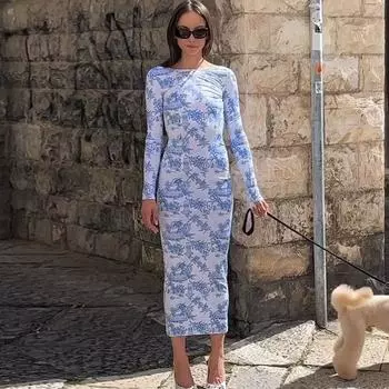 Платье с принтом, сексуальное, с открытой спиной и длинным рукавом, в стиле темперамент, облегающее, подходящее к любому случаю, длинное платье с цветочным принтом S синий