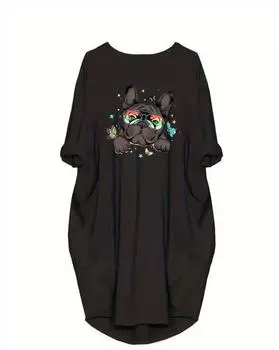 Платье с принтом собак больших размеров, повседневное платье с длинными рукавами и круглым вырезом на весну, женская одежда больших размеров 1XL чёрный