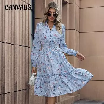 Платье с принтом. Весенние и осенние женские темпераментные платья с длинными рукавами. Элегантные платья с цветочным принтом. S чёрный