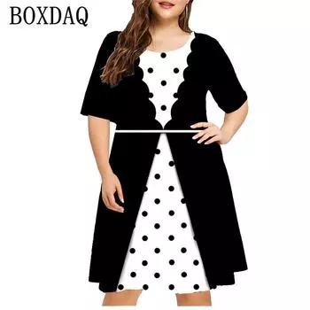 Платье с принтом в горошек Fake Two 3D, женское модное свободное платье с коротким рукавом, размер плюс, летняя повседневная женская одежда с круглым вырезом 6XL 2024 S