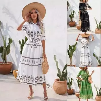 Платье с принтом в национальном стиле, летняя мягкая женская одежда, рукав до локтя S белый