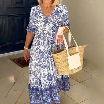 Платье с принтом в стиле бохо, женское летнее длинное платье, женское модное платье с v-образным вырезом и половиной рукава, женское свободное платье большого размера для пляжной вечеринки 5XL синий