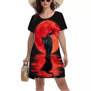 Платье с принтом в виде 3D-мультяшного животного и кошки, женское летнее повседневное свободное платье А-силуэта, модное мини-платье с коротким рукавом и круглым вырезом, Vestidos S