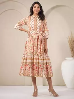 Платье с принтом в виде блоков ручной работы | Летнее платье миди | Платье с цветочным принтом из хлопка | Бело-оранжевое платье | Сделано вручную в Индии | Платье с карманами, поясом S персиковый/белый