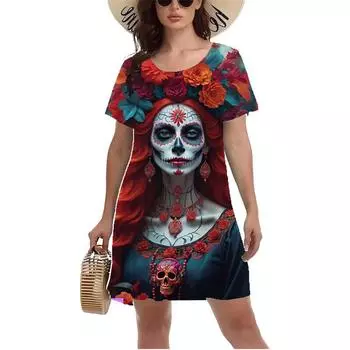 Платье с принтом в виде черепа и розы в винтажном стиле 3D Мини-платье в готическом стиле для женщин Летнее повседневное платье А-силуэта с коротким рукавом и круглым вырезом Vestidos S