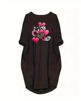 Платье с принтом в виде сердца больших размеров, повседневное платье с длинными рукавами и круглым вырезом на весну и лето, женская одежда больших размеров 1XL чёрный