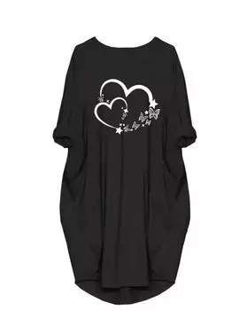 Платье с принтом в виде сердца больших размеров, повседневное платье с длинными рукавами и круглым вырезом на весну, женская одежда больших размеров 1XL чёрный