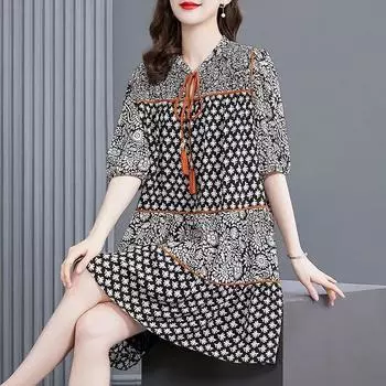 Платье с принтом, женское летнее платье, новое маленькое высококачественное свободное и тонкое платье с короткими рукавами и короткими рукавами, женское M чёрный