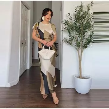 Платье с принтом женское с круглым вырезом, тонкое, шелковое, с простыми оборками, женское пляжное платье, летние женские платья с коротким рукавом S